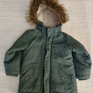 Green Hooded Parka with Faux Fur Trim